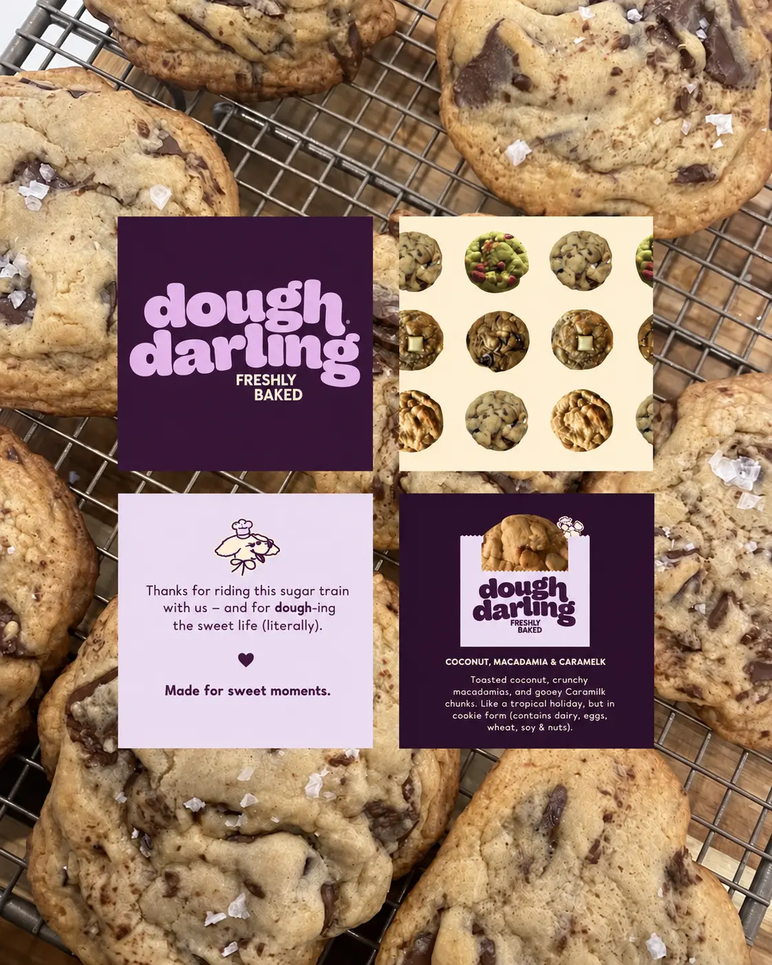 Fresh cookies on a cooling rack with Dough Darling flavor and thank-you cards
