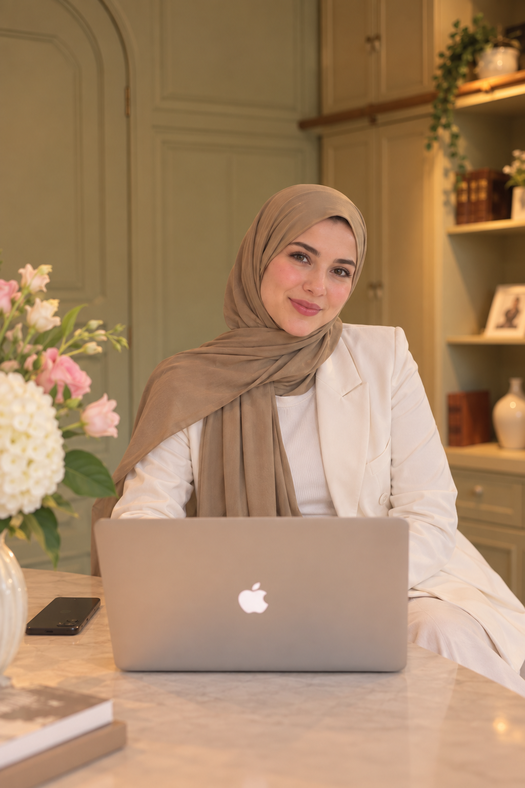 Hassna, founder of Hechadi Design Studio, at her desk